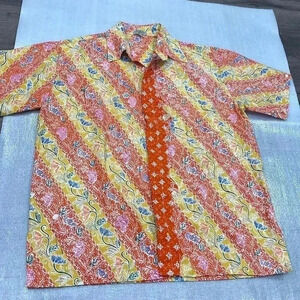 [XL]Popilier  Bali Short Sleeve Orange/Yellow Floral Button Up Shirt